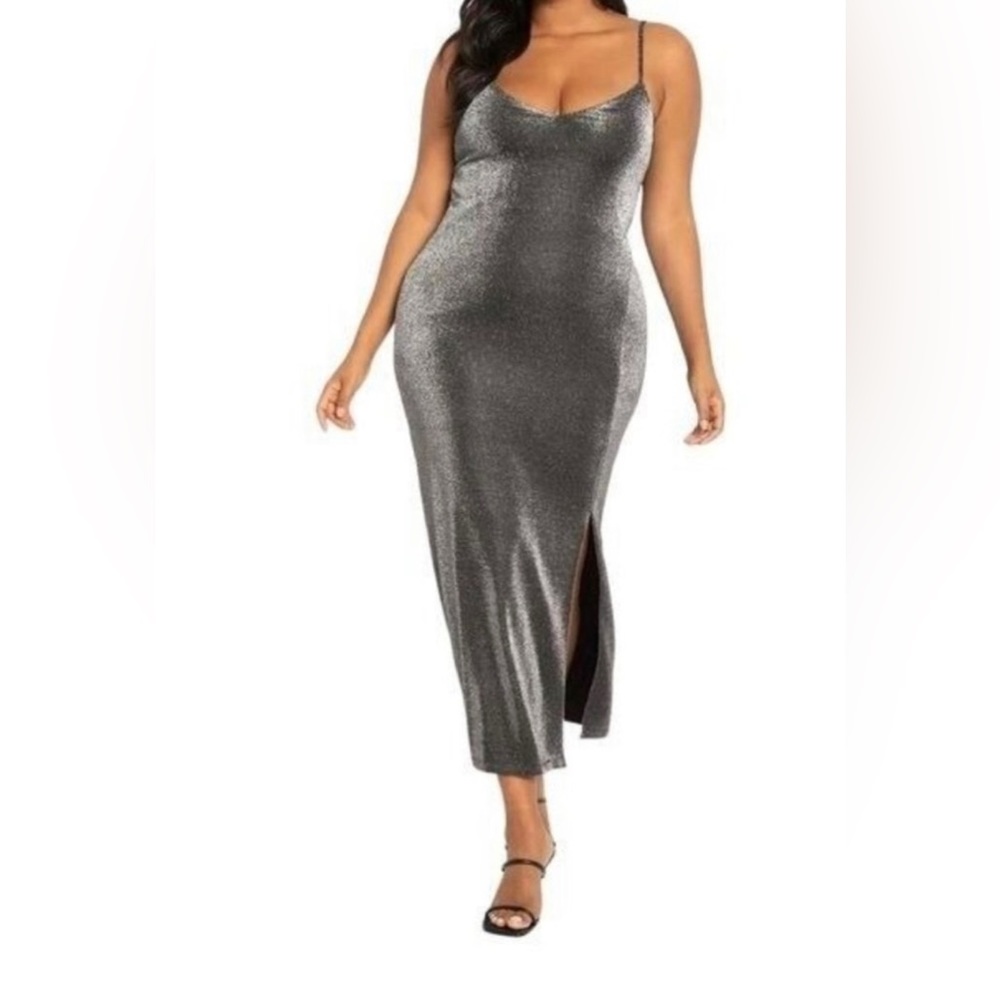 ELOQUII Sparkle Slip Dress Slit Snug Fit Column Skirt Adjustable Shoulder Strap